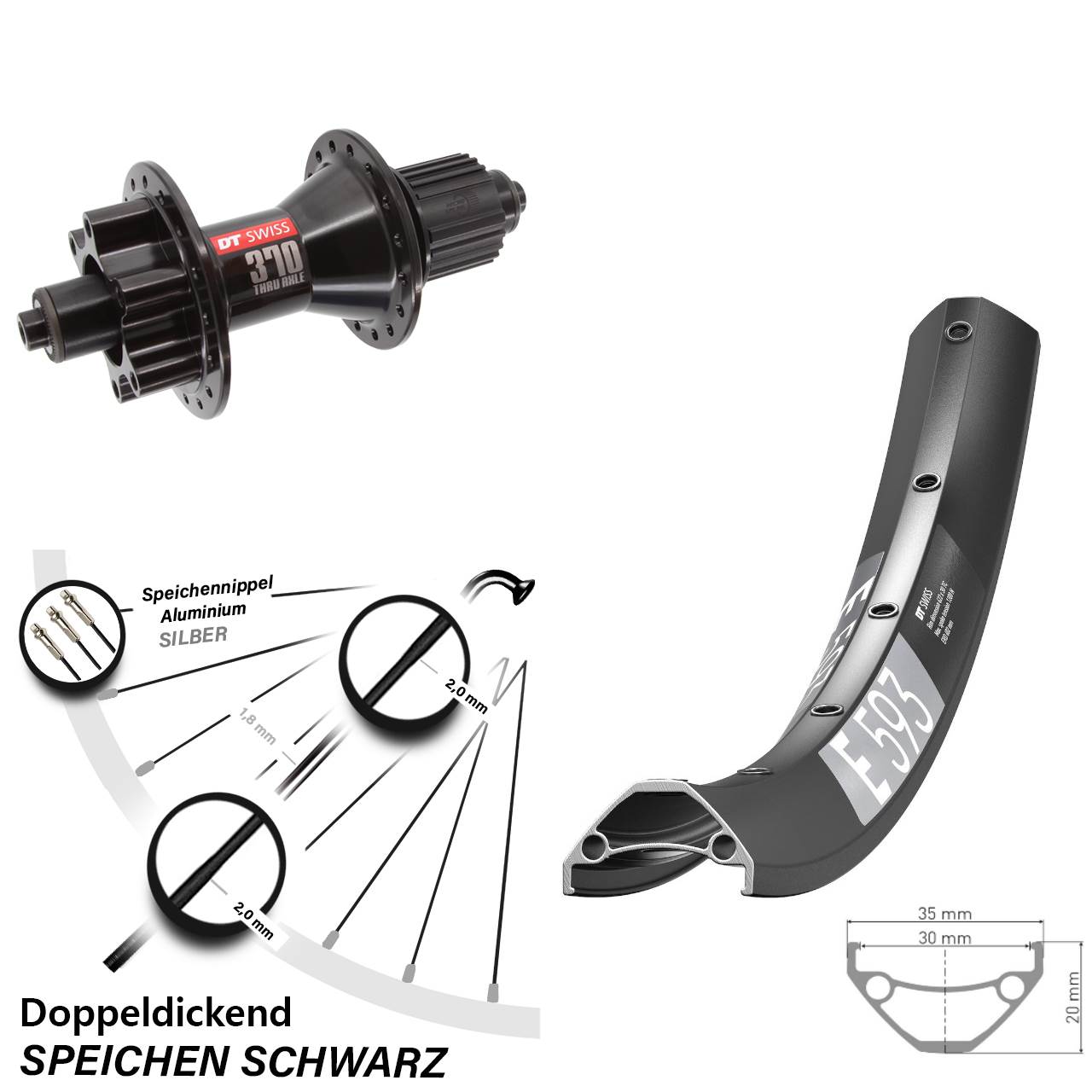 6-Loch Hinterrad für Schnellspanner 29 Zoll DT Swiss E593-370 Hybrid Micro Spline