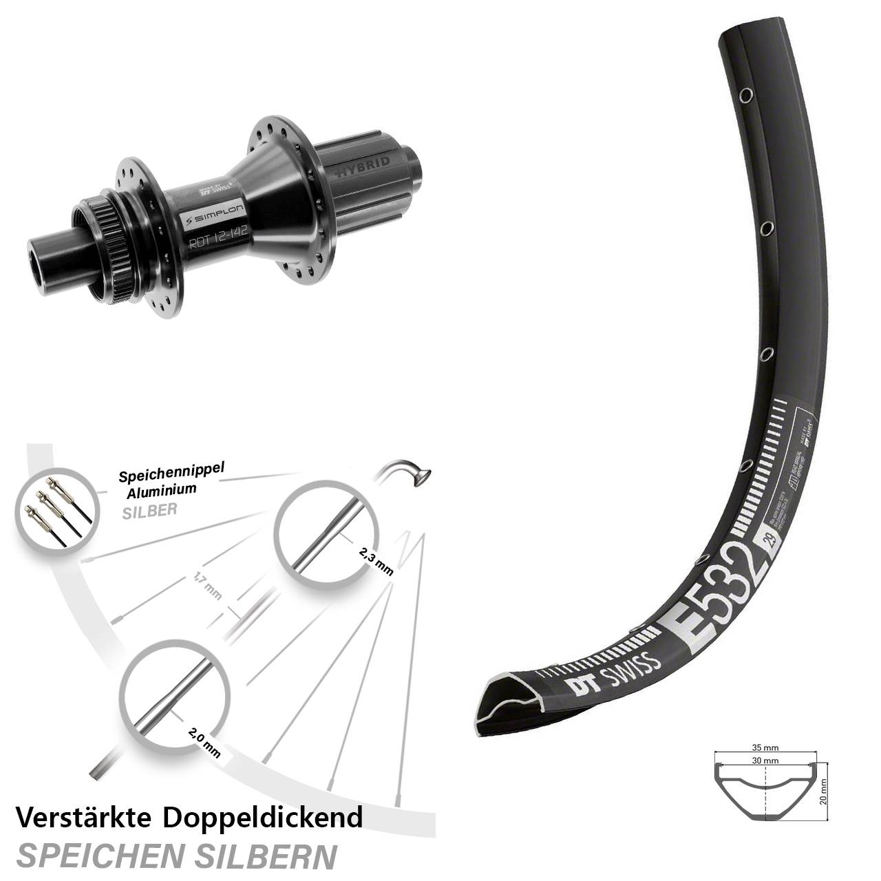 29 Zoll DT Swiss E 532-370 Hybrid Hinterrad Centerlock 12x142 8-11 fach HG