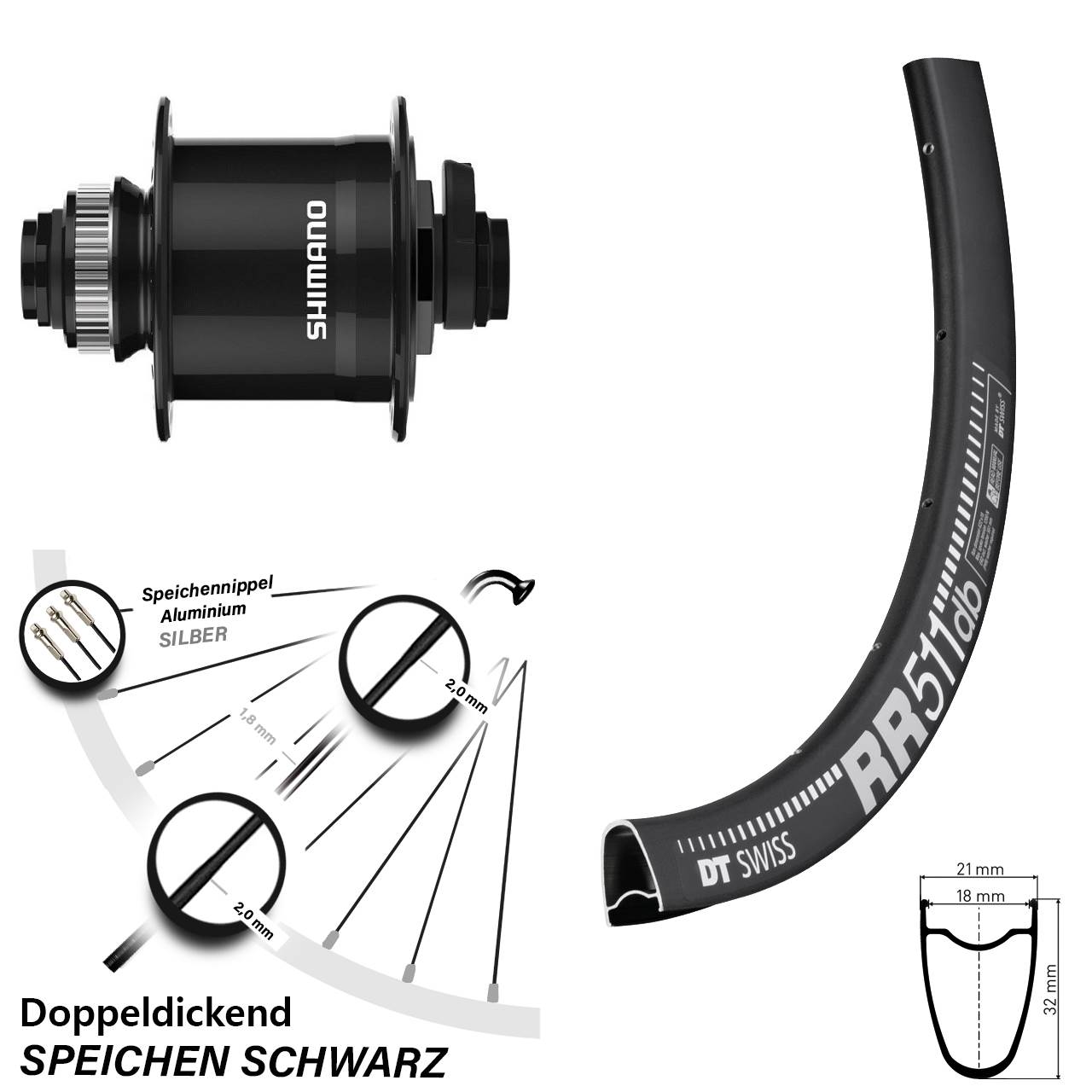 DT Swiss RR 511 Shimano DH-UR708-3D 28 Zoll Centerlock Dynamovorderrad 15x100