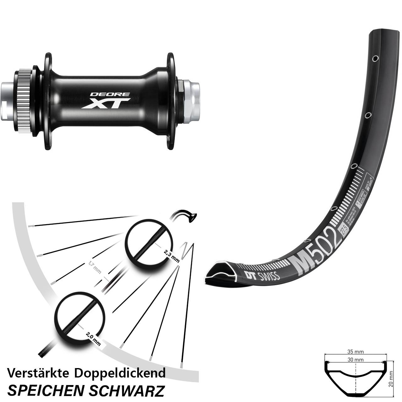 27,5 Zoll DT Swiss M502 Shimano Deore XT Vorderrad Centerlock 15x110 Boost