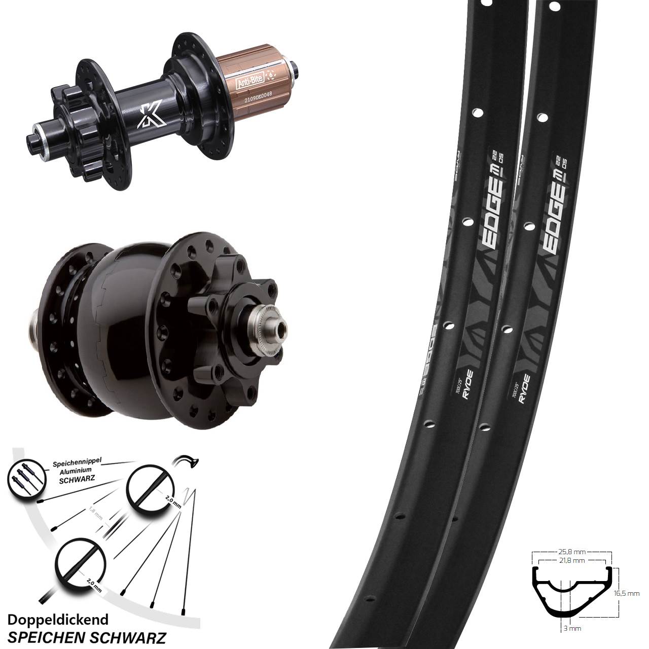 Laufradsatz 29 Zoll MTB Cross Country Ryde Edge M22 SON Dynamo 6-loch KX-M Schnellspanner