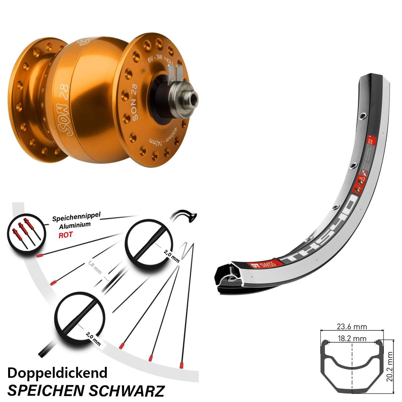 orange eloxierter Son 28 Zoll Vorderes Rad mit Nabendynamo DT Swiss TK 540