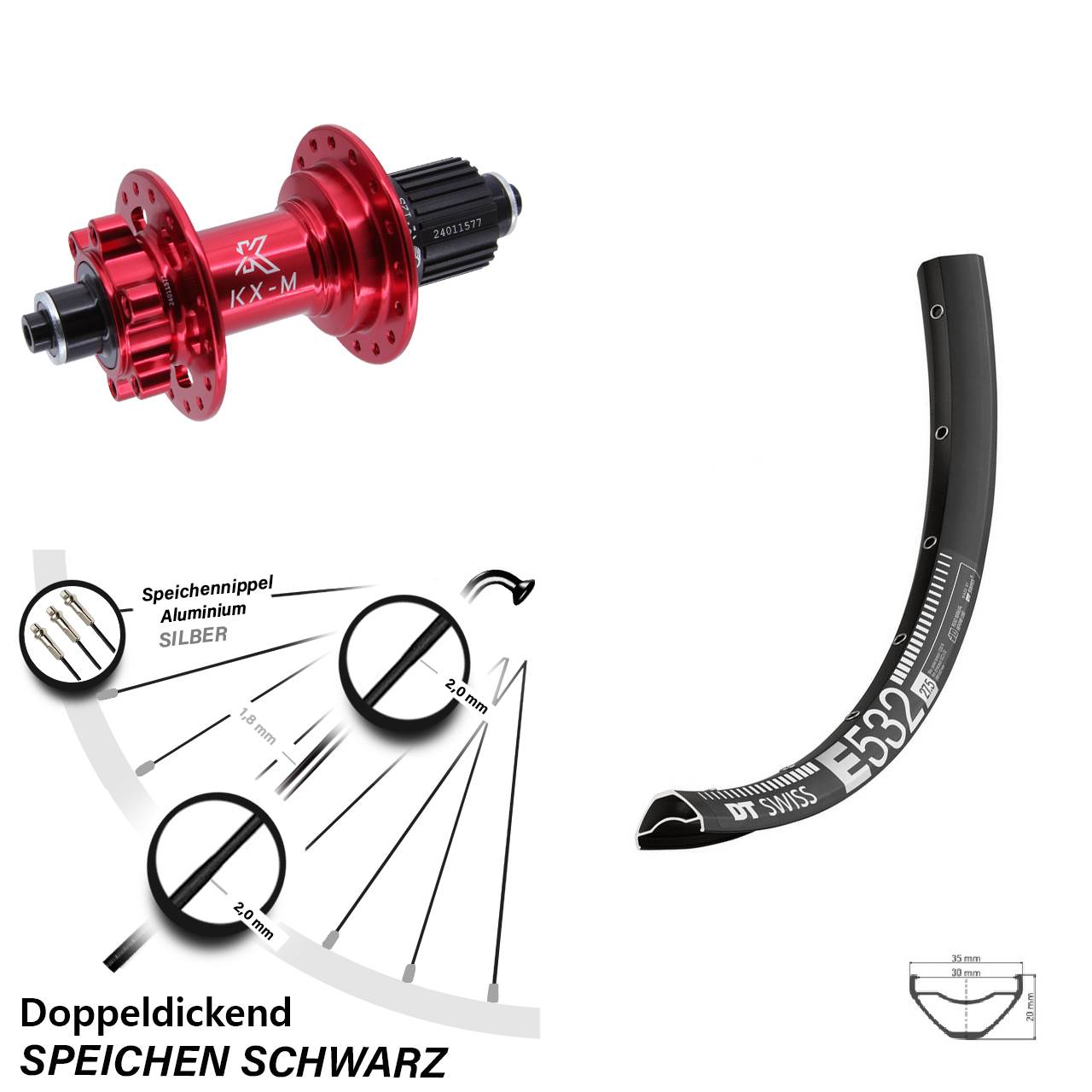 DT Swiss E532 KX-M rot 27,5 Zoll 6-Loch Hinterrad für Schnellspanner Micro Spline