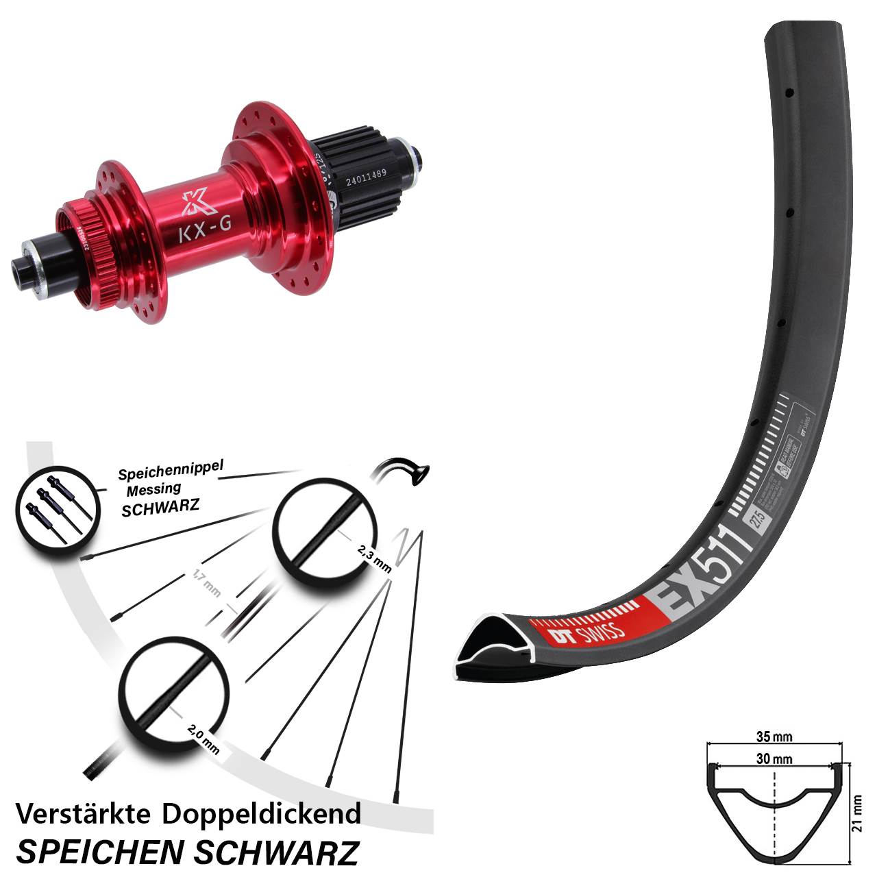 DT Swiss EX 511 KX-G rot 27,5 Zoll Centerlock Hinterrad QR Shimano Micro Spline