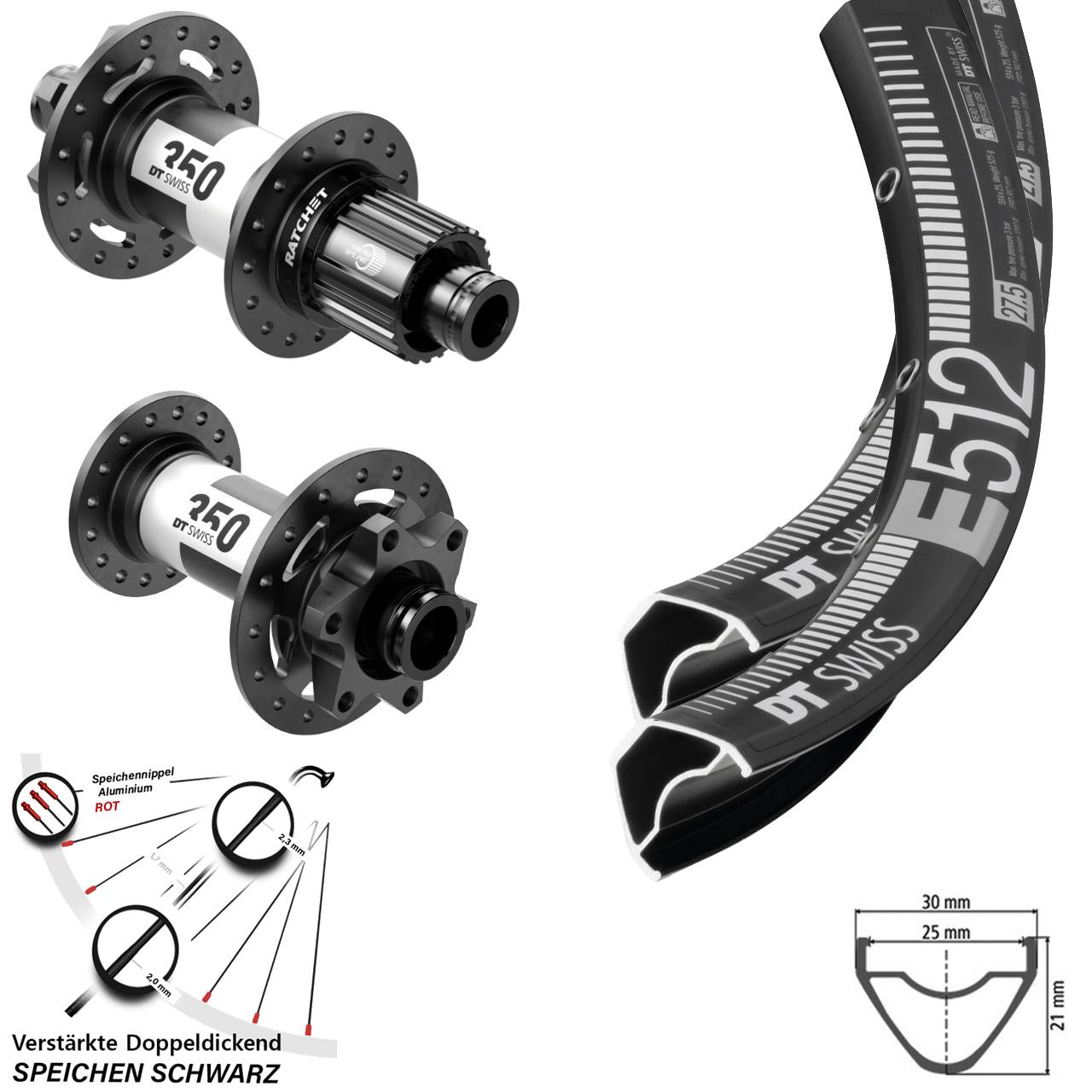 DT Swiss E 512-350 27,5 Zoll 6-Loch Laufradsatz 15x110 12x148 Shimano Micro Spline