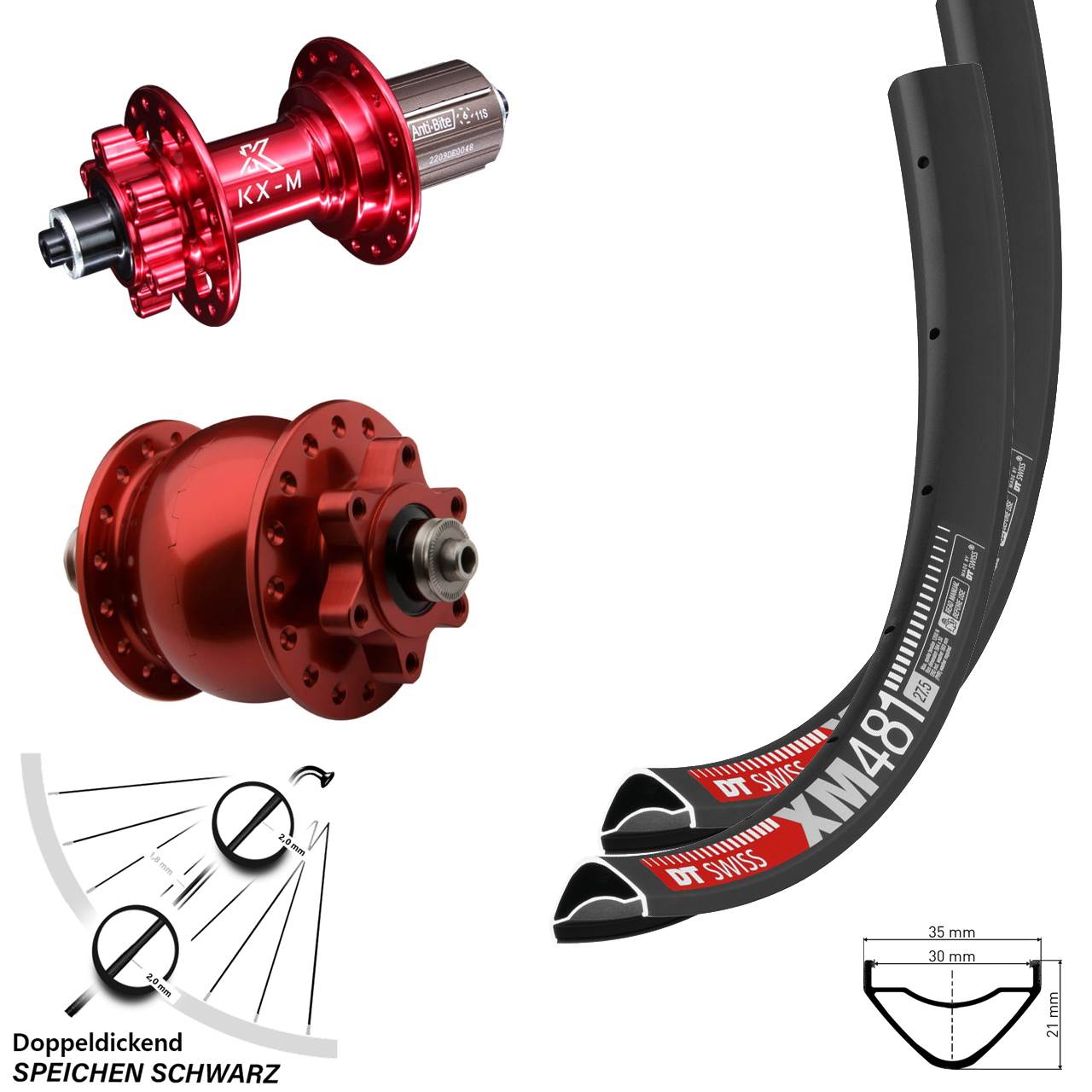 27,5 Zoll DT Swiss XM 481 KX-M rot SON 28 6-Loch Laufradsatz QR 8-12 fach