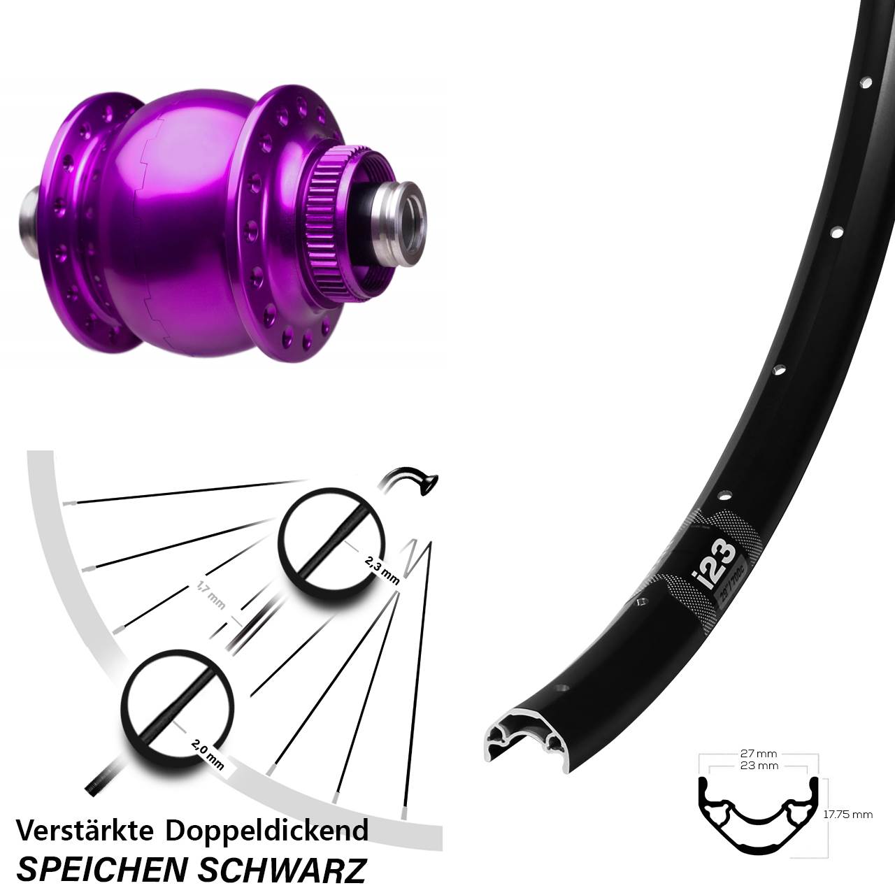 Nabendynamo-Vorderrad Centerlock 28-29 Zoll WTB i23 SON 28 violett 12x100