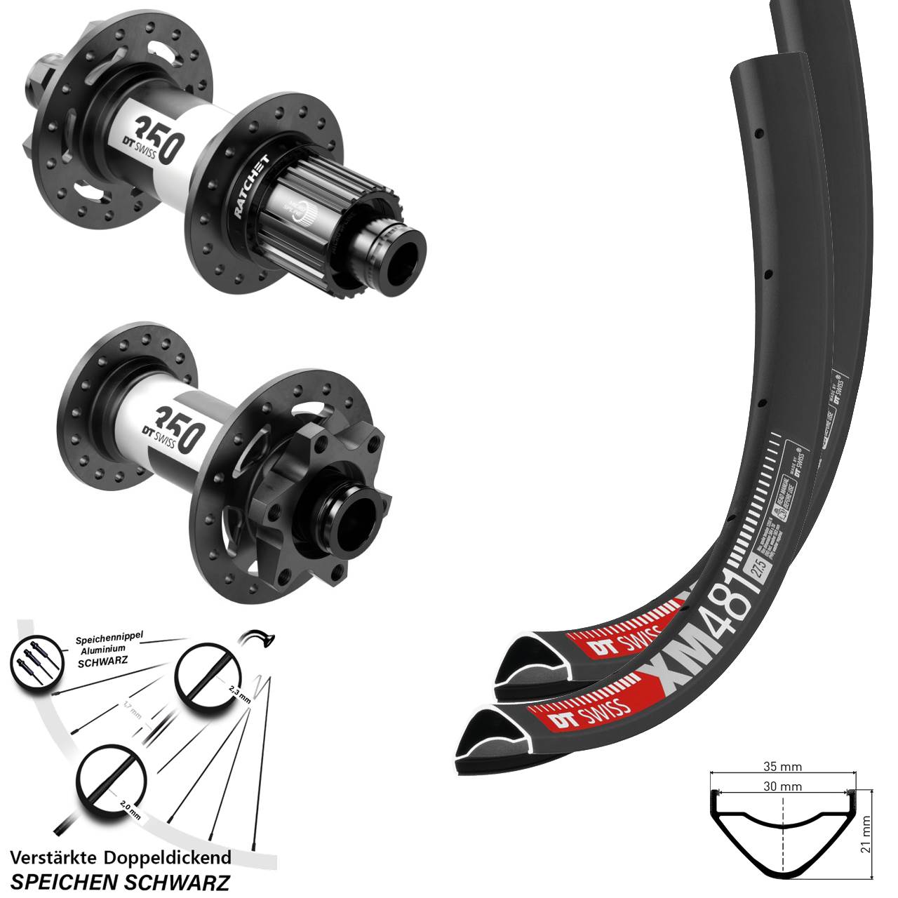 27,5 Zoll DT Swiss XM481-350 Laufradsatz 15x110 12x148 Boost 6-Loch Micro Spline