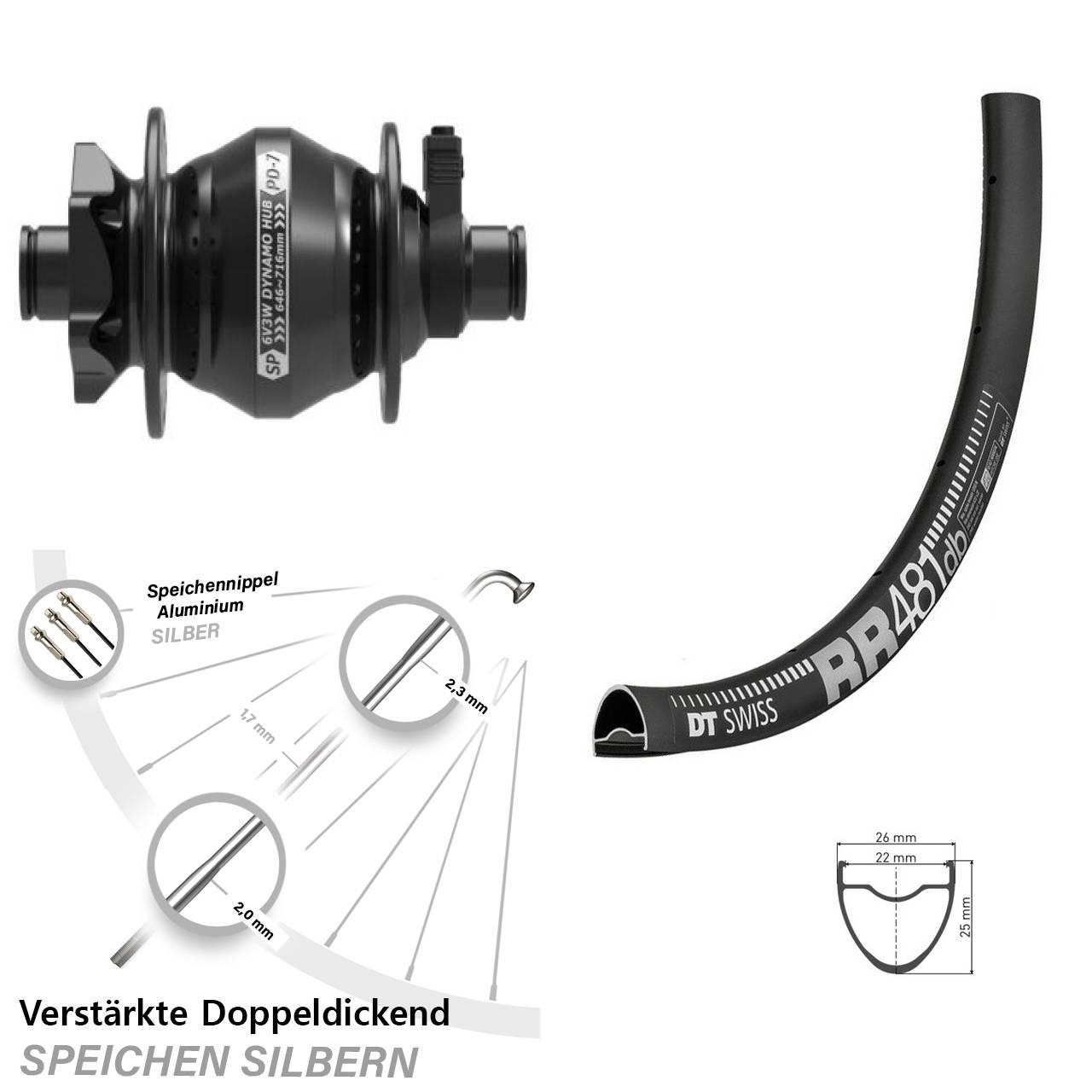 Nabendynamovorderrad 6-Loch 12x100 28 Zoll DT Swiss RR 481 Shutter PD-7