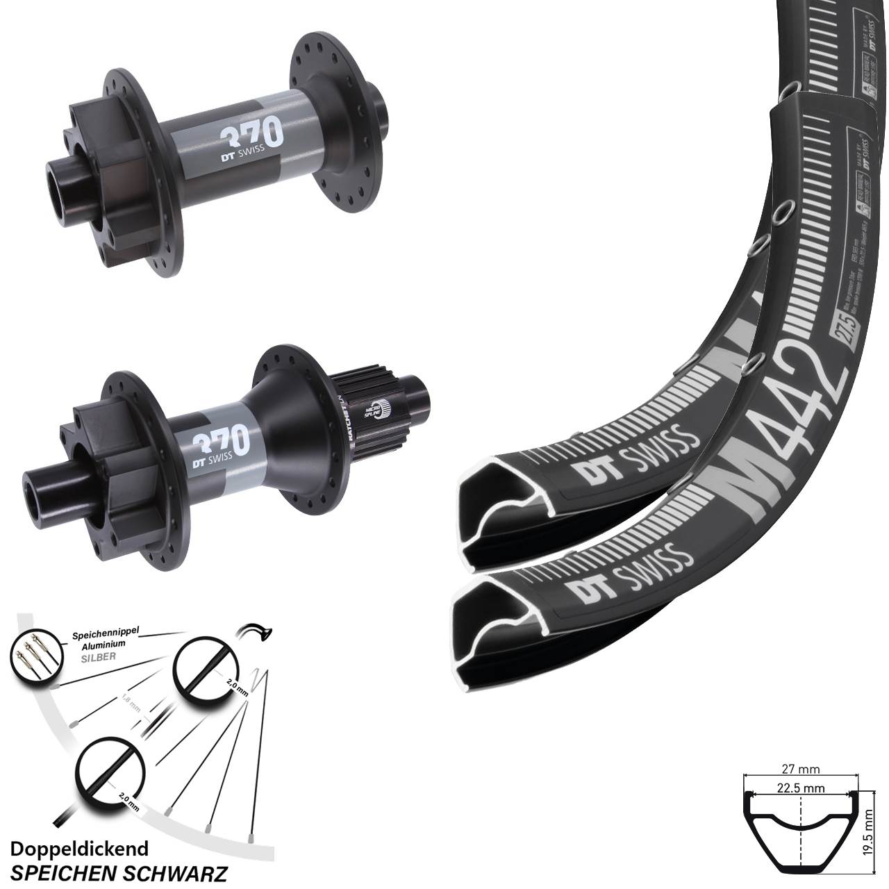 28-29 Zoll DT Swiss M 442-370 Laufrad-Satz 6-Loch 15x110 12x148 Shimano Micro Spline