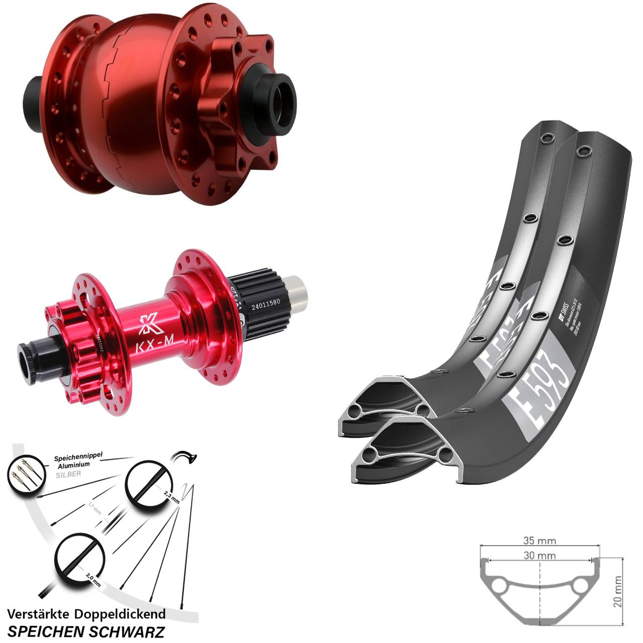 Disc Laufradsatz 15x100 12x142 650B DT Swiss E593 KX-M rot SON 28 rot Shimano Micro Spline