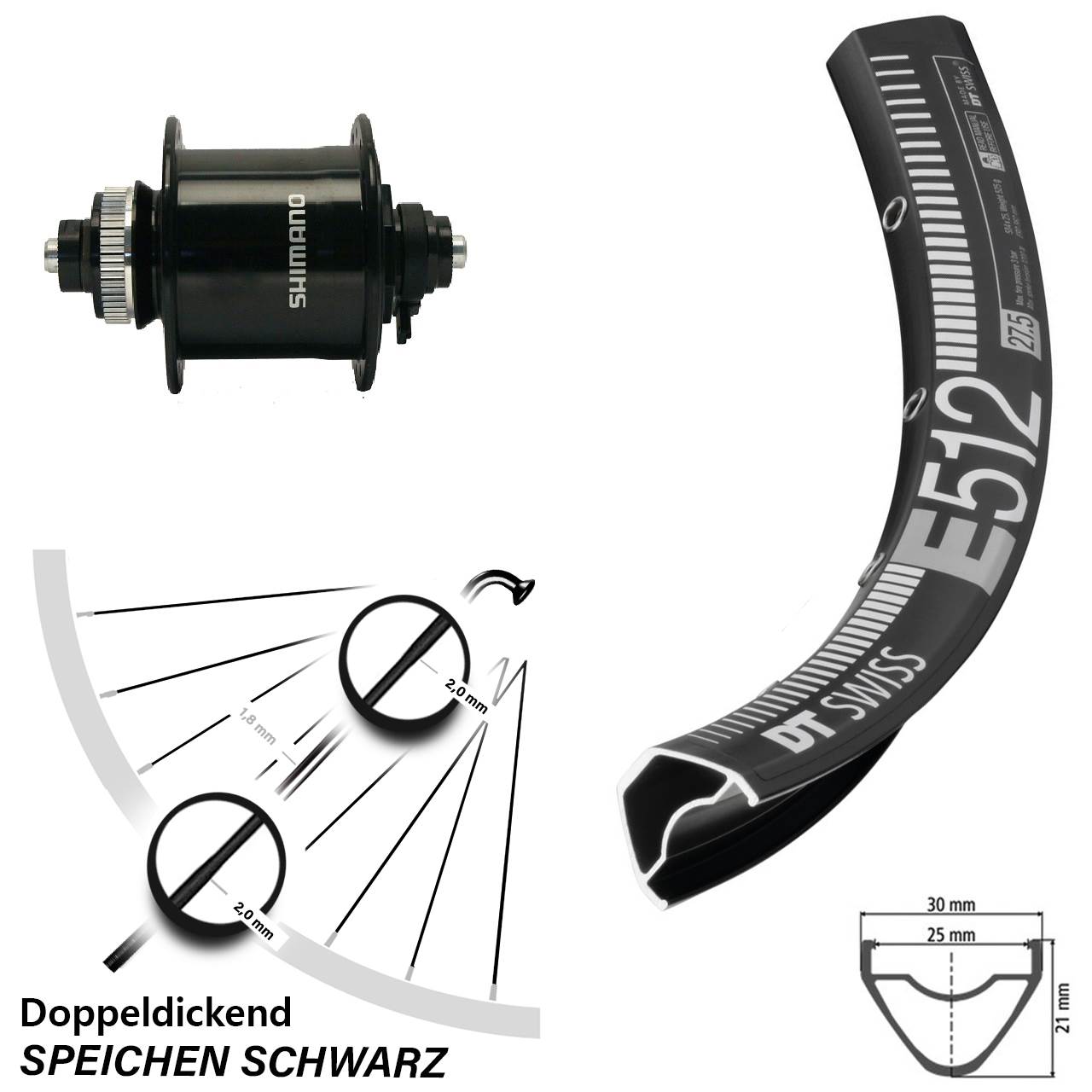 Vorderrad 27,5 Zoll DT Swiss E 512 DB Dynamo Schnellspanner Shimano DH-UR700-3D Centerlock