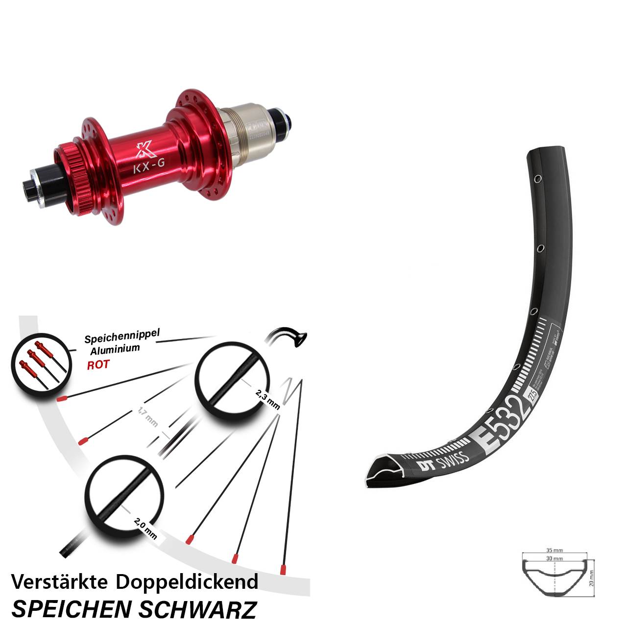 DT Swiss E532 KX-G rot 29 Zoll Disc Hinterrad QR XDR