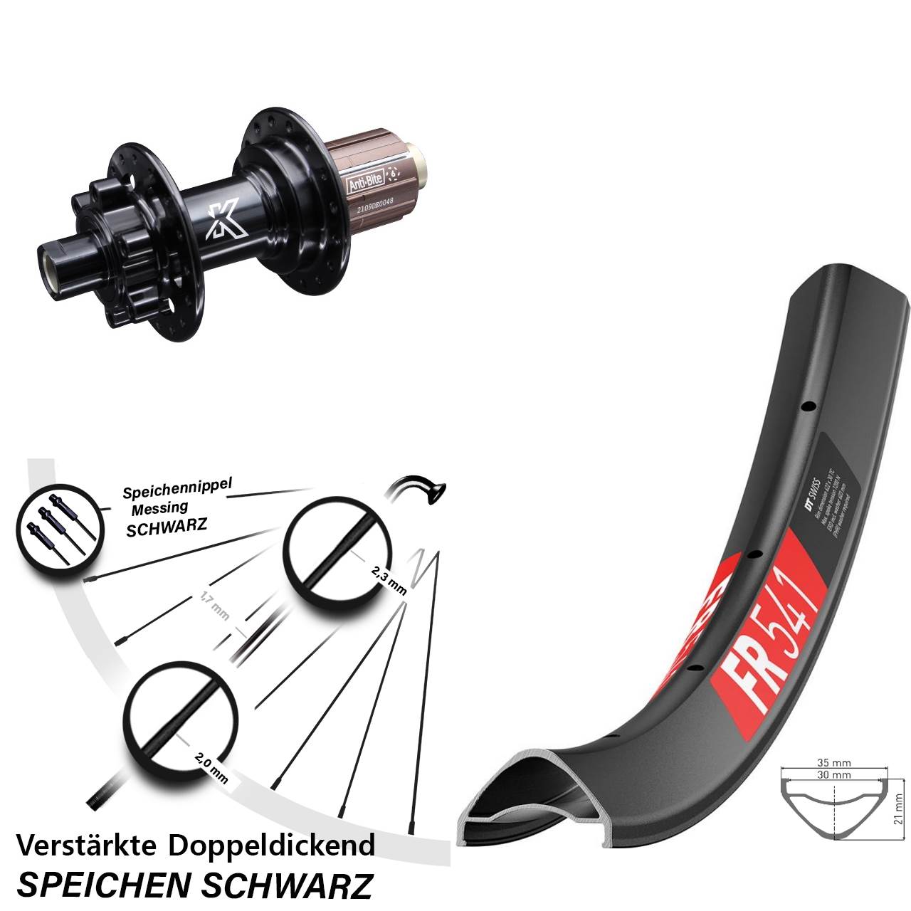 Hinterrad 6-Loch 12x142 27,5 Zoll DT Swiss FR541 KX-M Shimano Anti-Bite 8-12 fach