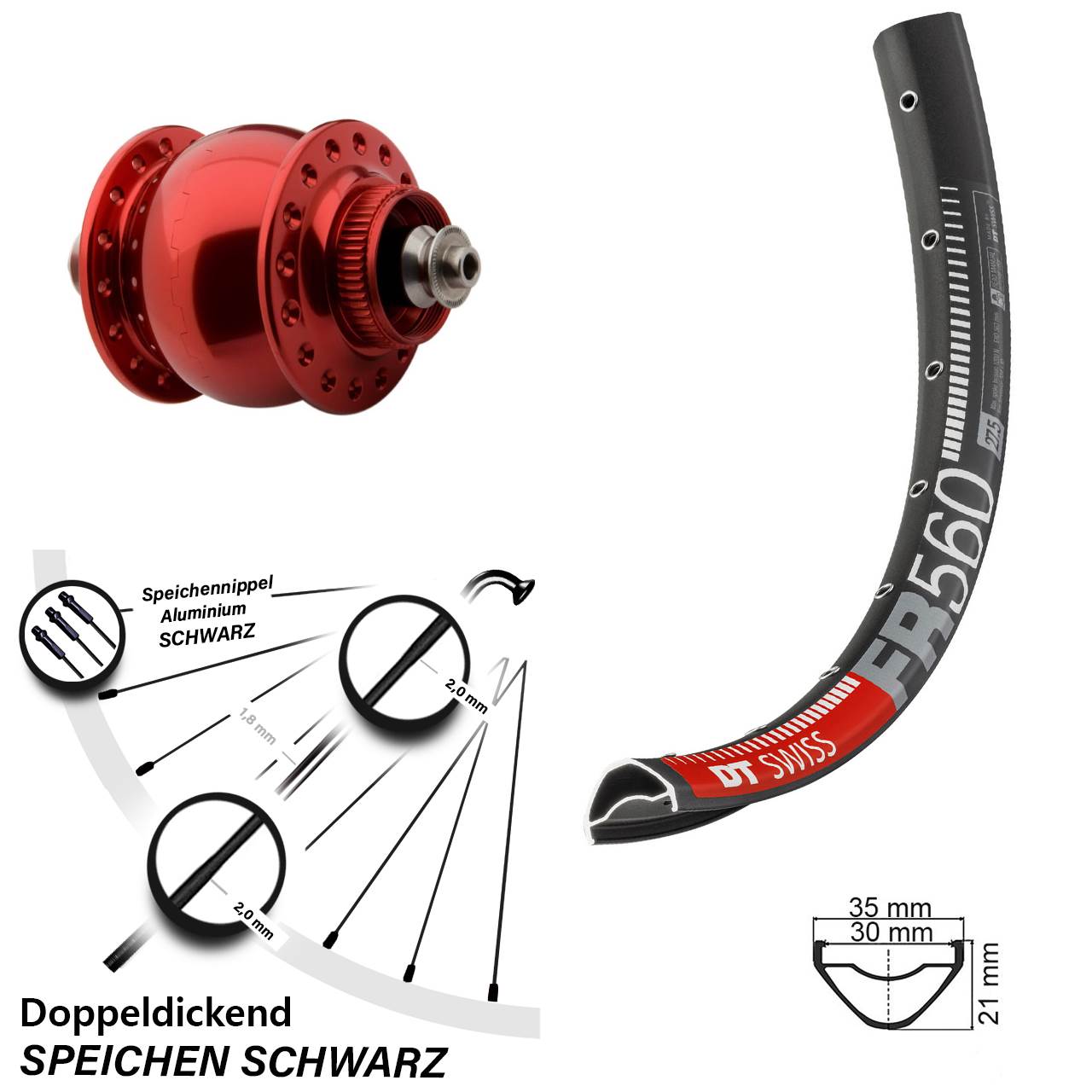 Disc Laufrad mit Nabendynamo QR 26 Zoll DT Swiss FR 560 SON 28 rot
