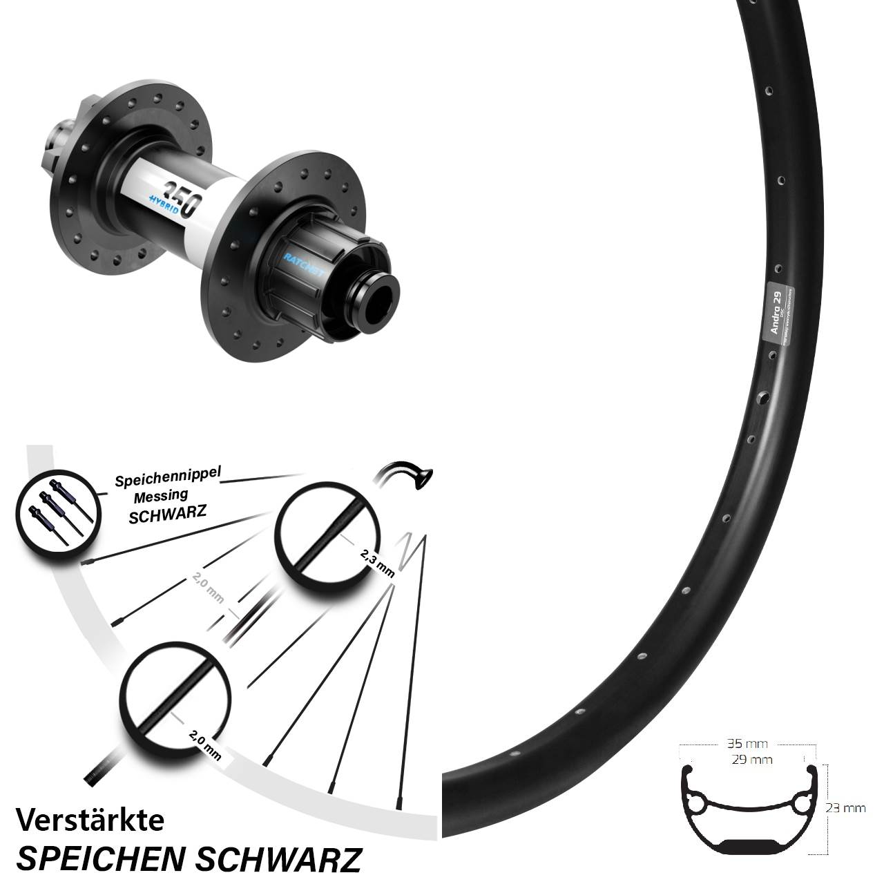 Laufrad 26 Zoll Ryde Andra 29 Disc schwarz DT Swiss 350 Hybrid Singlespeed 12x148 6-Loch