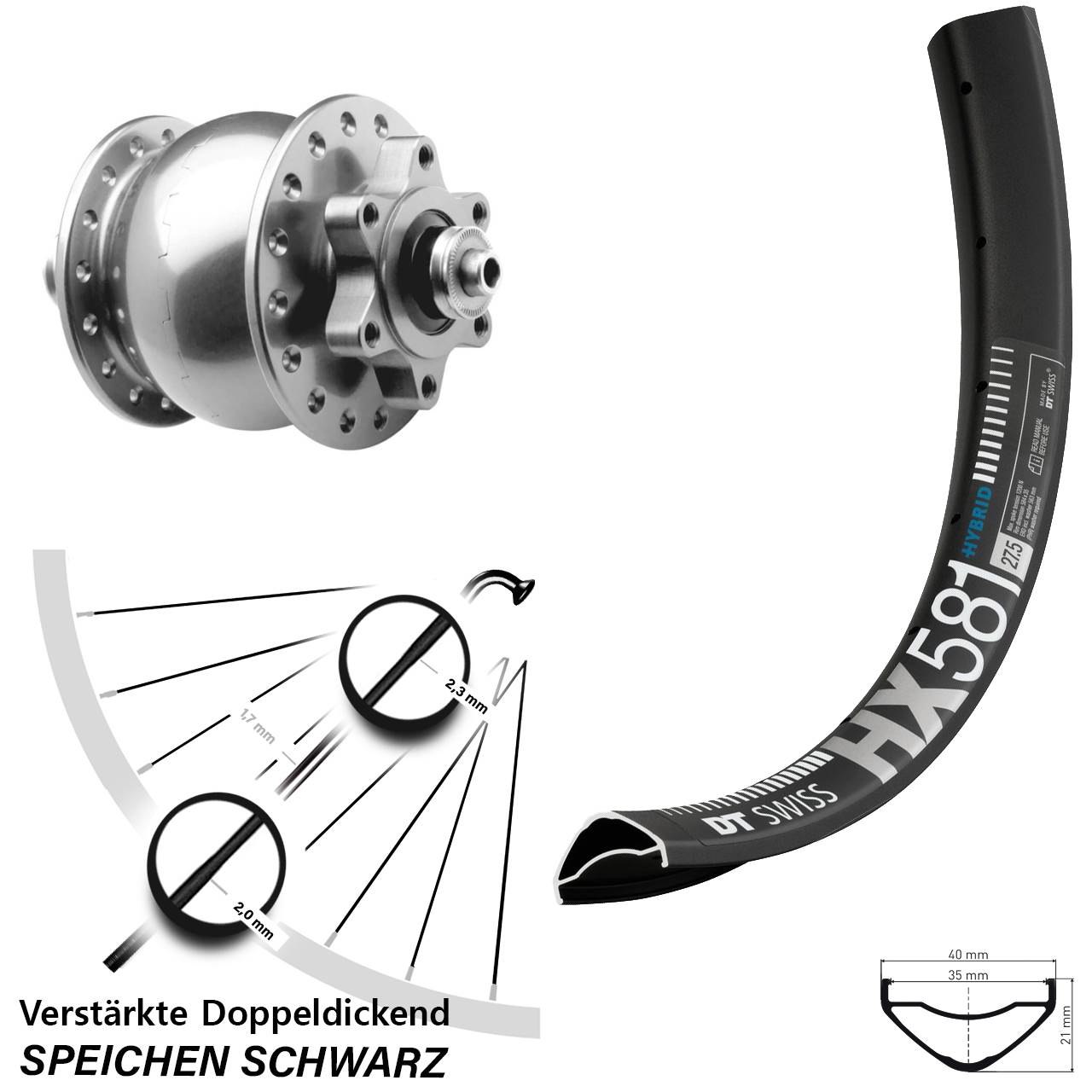 Nabendynamovorderrad 6-Loch für Schnellspanner 27,5 Zoll DT Swiss HX 581 SON 28 silbern