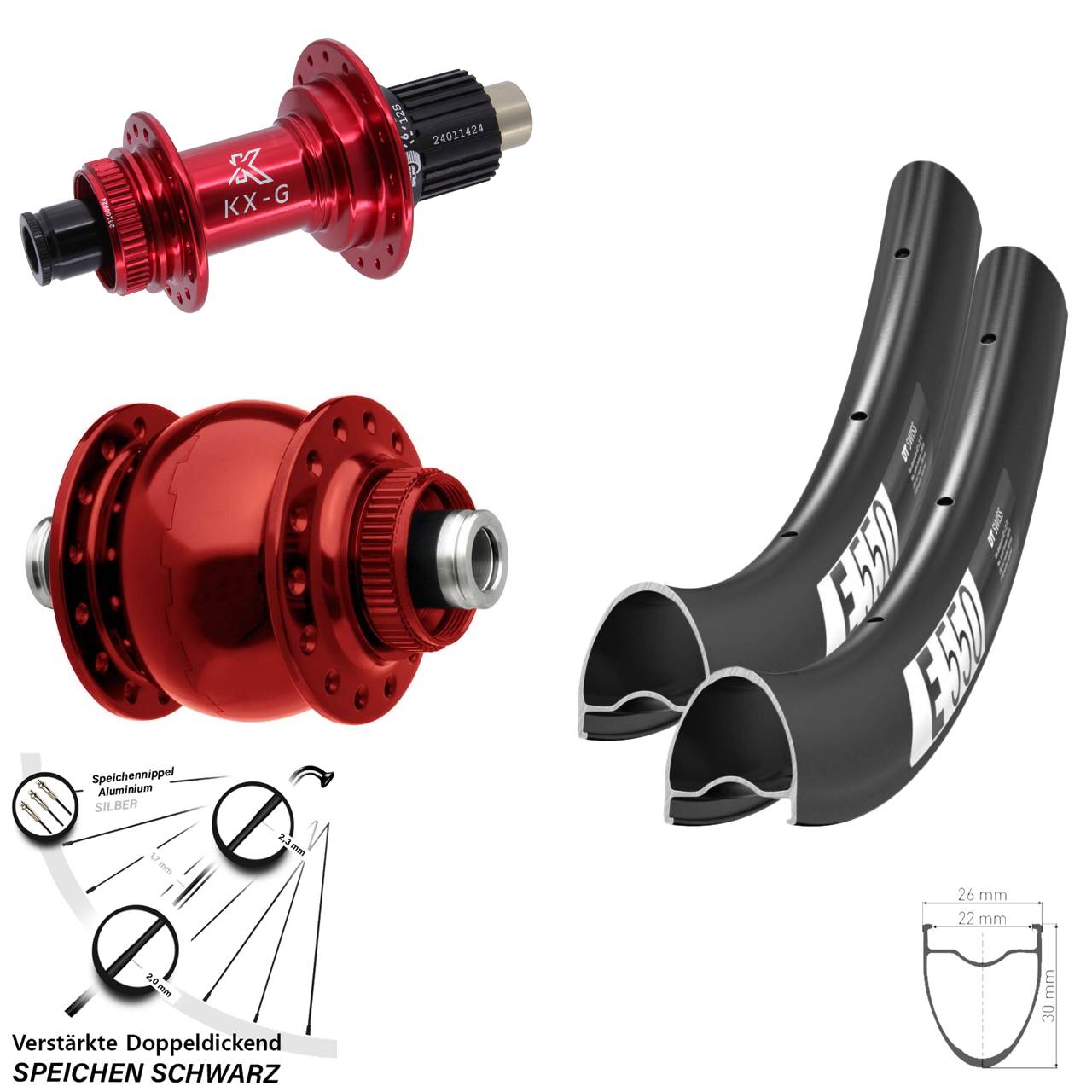 28 Zoll DT Swiss E550 KX-G rot SON 28 Disc Laufrad-Satz 12x100/142 Micro Spline
