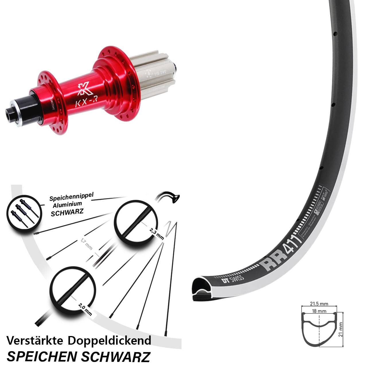 DT Swiss RR411 OS KX-R rot 28 Zoll Hinterrad für Schnellspanner Campa 8-12 fach