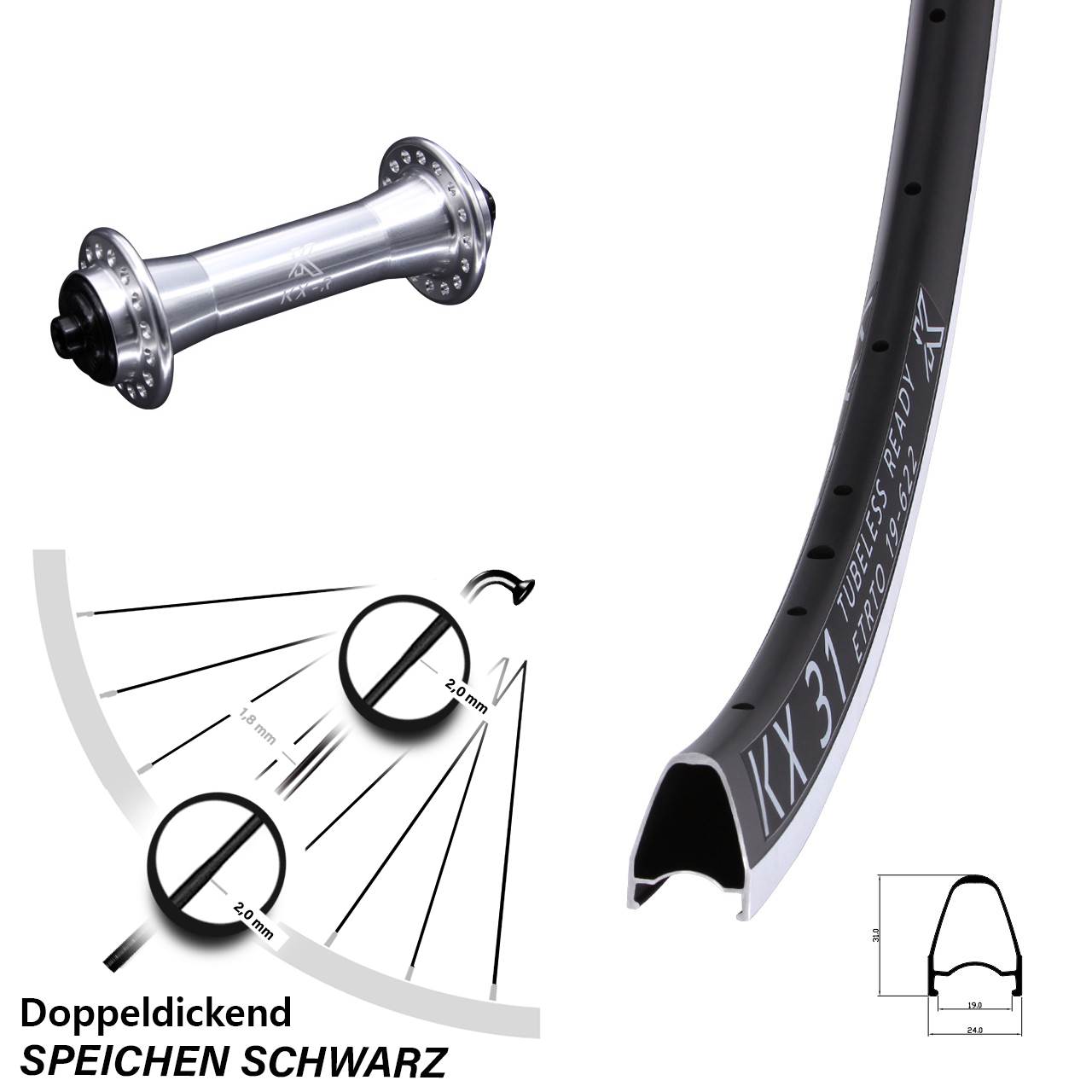 Laufrad 28 Zoll KX 31 KX-R Felgenbremse 5/100 silbern