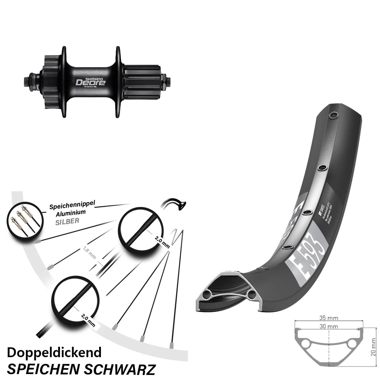 6-Loch Hinterrad 29 Zoll DT Swiss E 593 Shimano Deore 8-11 fach HG QR