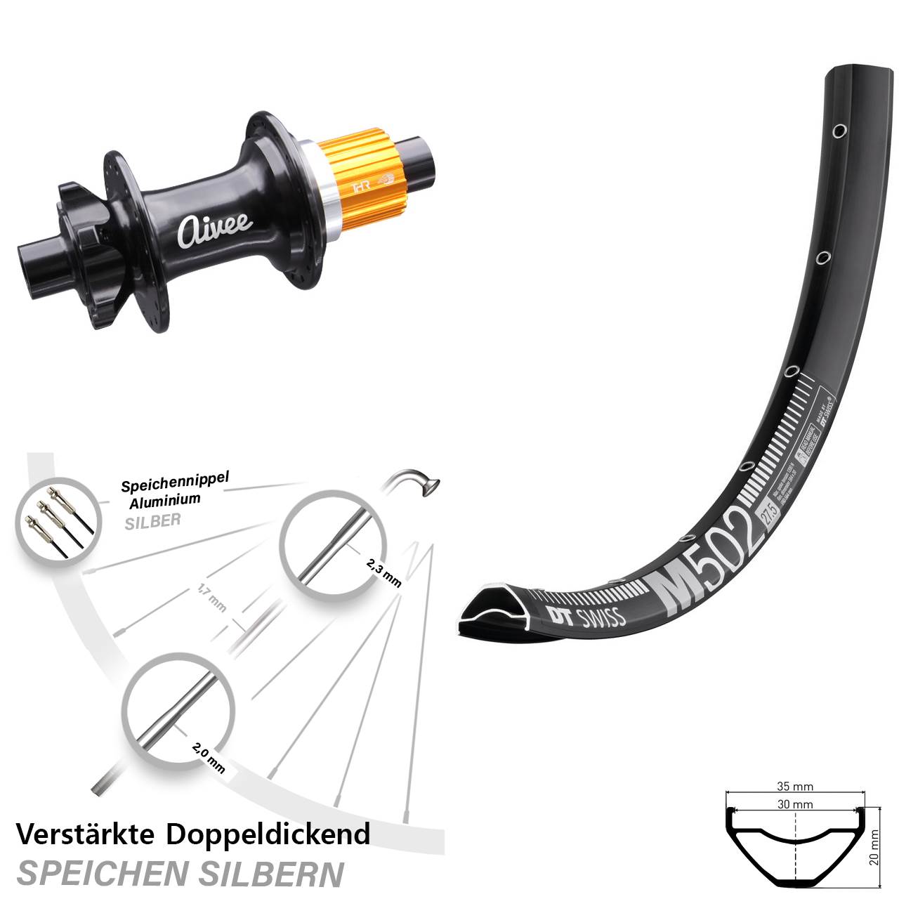 DT Swiss M 502 Aivee Classic 29 Zoll Disc Laufrad 12x148 Shimano Micro Spline