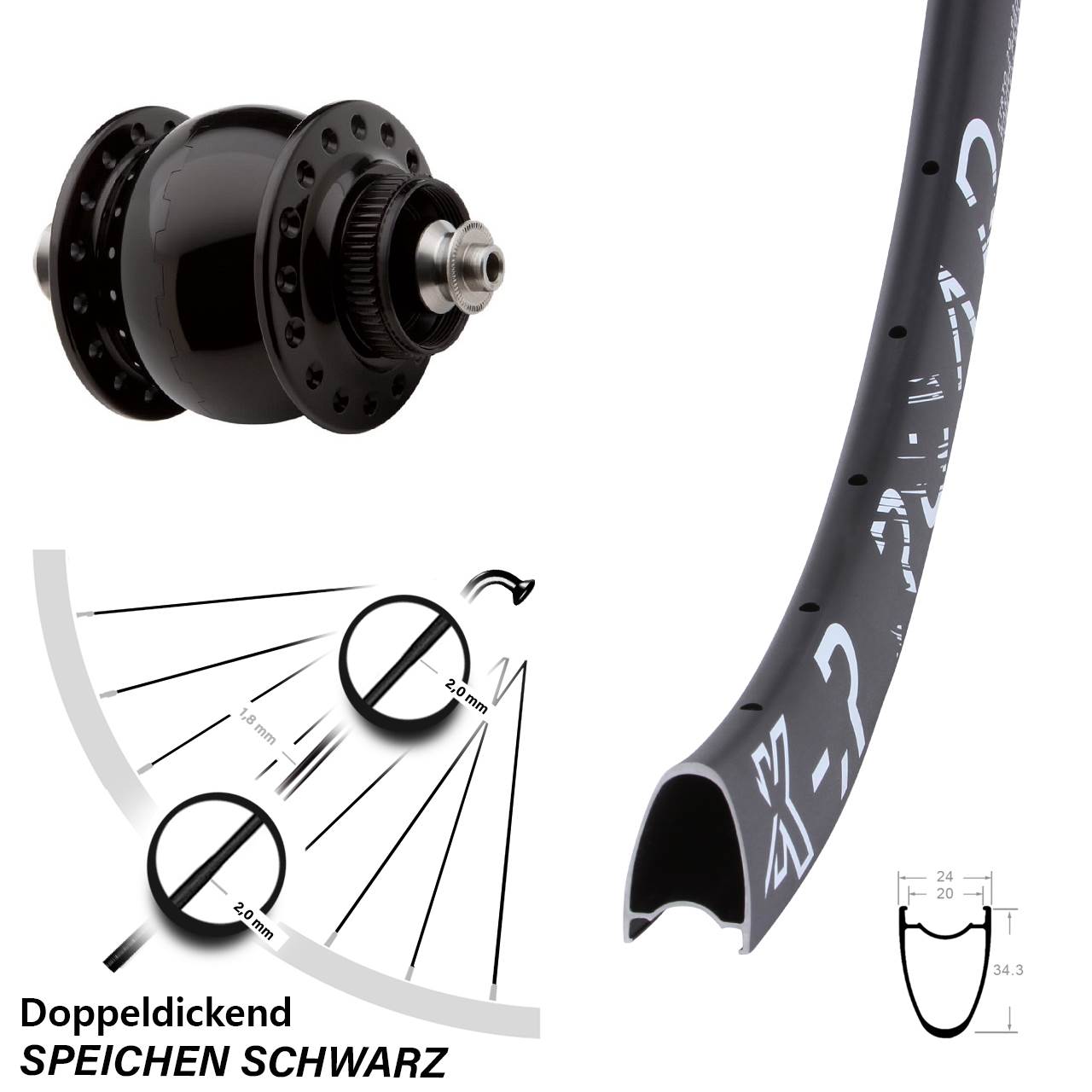 SON 28 Zoll Vorderrad mit Nabendynamo KX-R Road Schnellspanner 5x100 mm schwarz