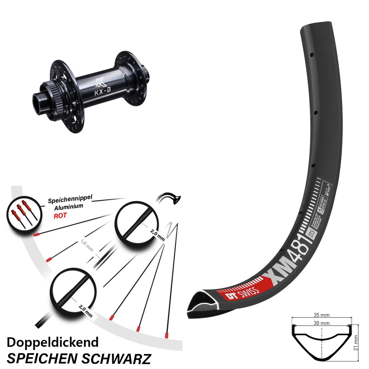 27,5 Zoll DT Swiss XM 481 Vorderrad KX-B Centerlock Boost