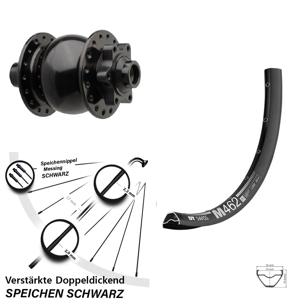 Boost 6-Loch Vorderrad mit Nabendynamo 15x110 27,5 Zoll DT Swiss M 462 SON 28