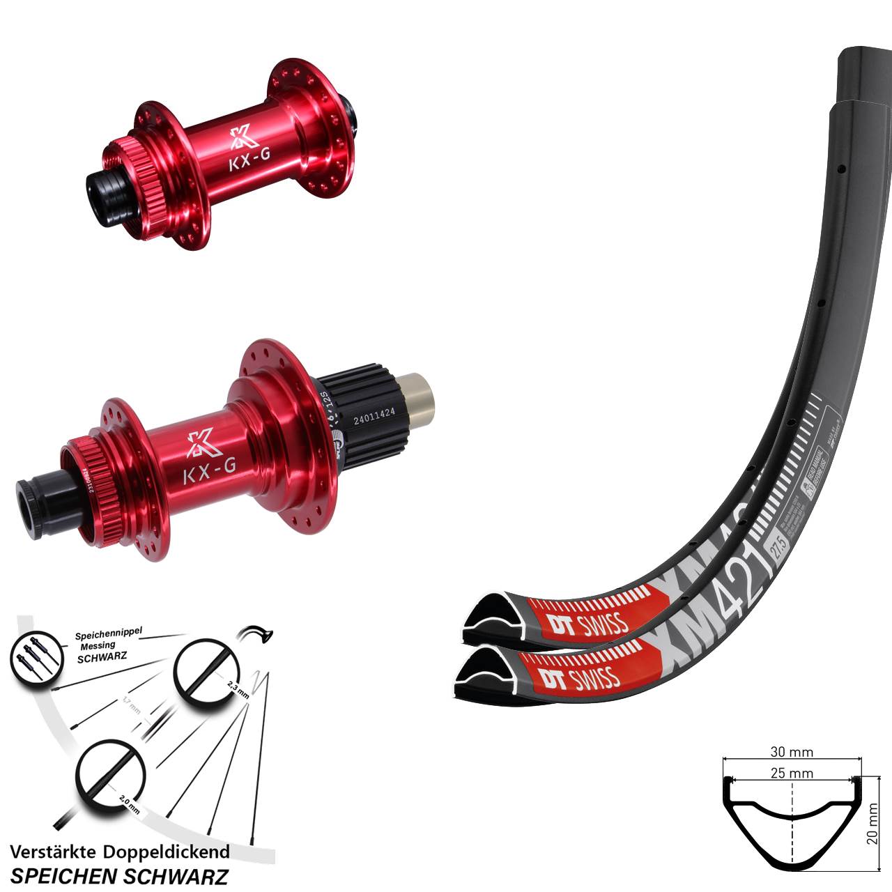 Disc Laufrad-Satz 15x100 12x142 27,5 Zoll DT Swiss XM 421 KX-G rot Shimano Micro Spline