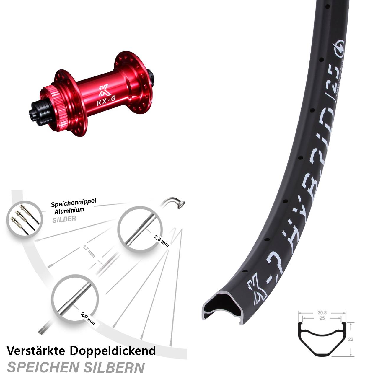 Centerlock Vorderrad für Schnellspanner 28-29 Zoll KX-R Hybrid 25 verstärkt rot