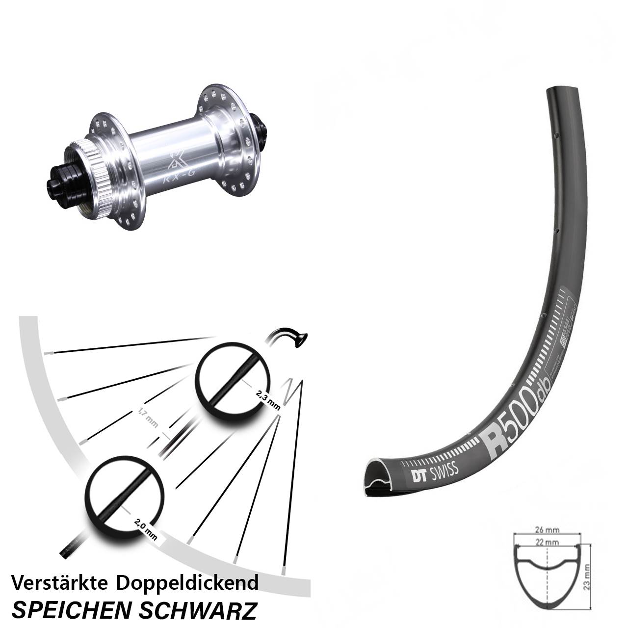 Road Disc DT Swiss R 500 Vorderrad 28 Zoll verstärkt mit KX-G silbern Centerlock