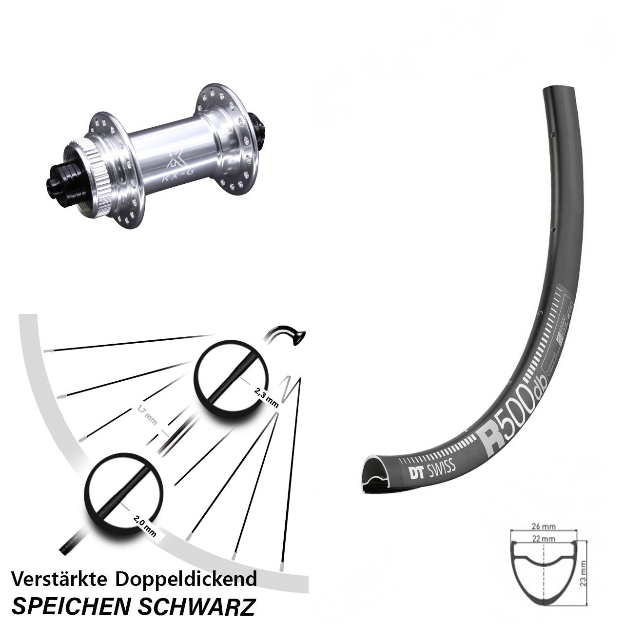 Road Disc DT Swiss R 500 Vorderrad 28 Zoll verstärkt mit KX-G silbern Centerlock