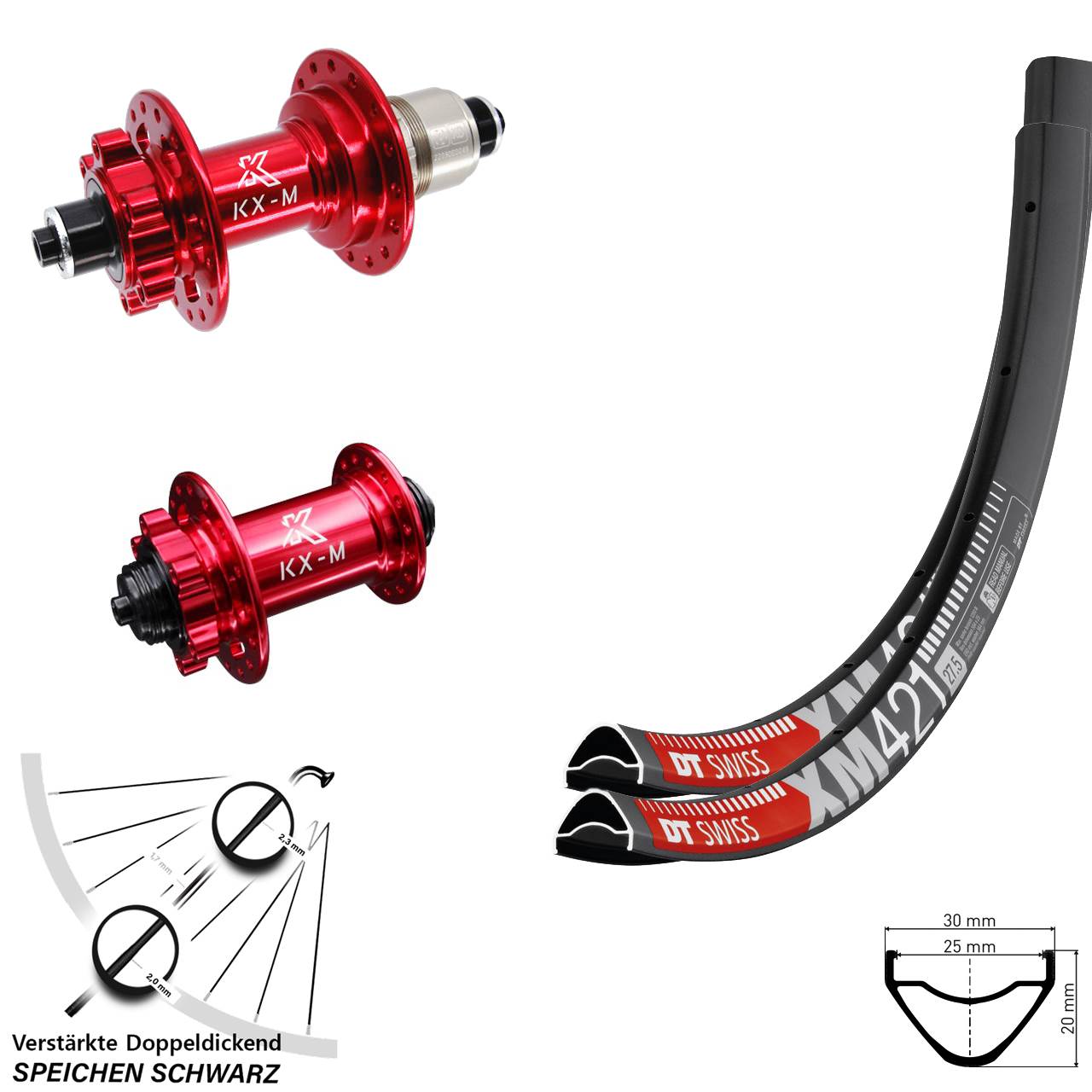 29 Zoll DT Swiss XM421 KX-M rot Laufradsatz 6-Loch für Schnellspanner XD