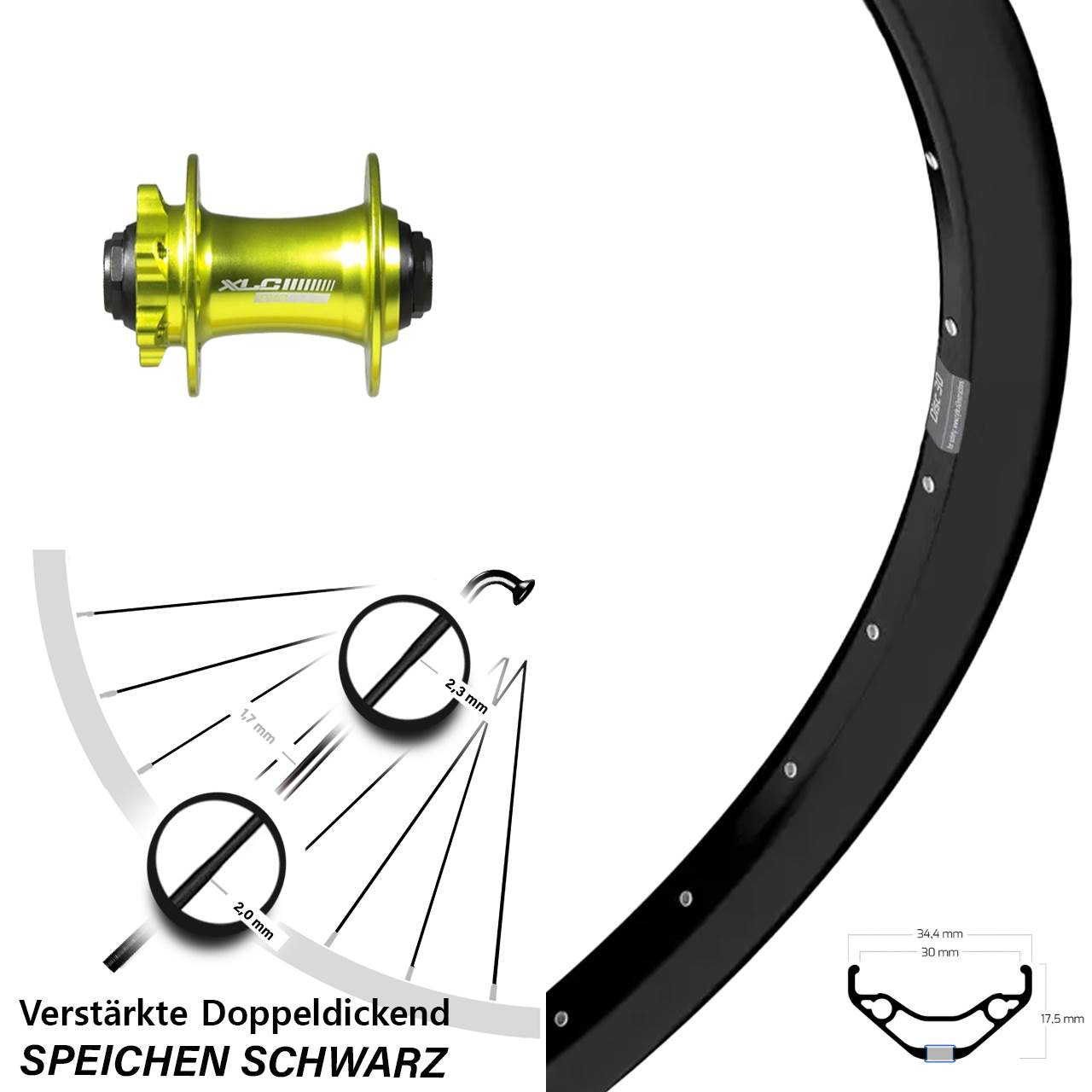 Vorderrad 6-Loch 27,5 Zoll Ryde Disc 30 XLC Evo grün eloxiert 15x100