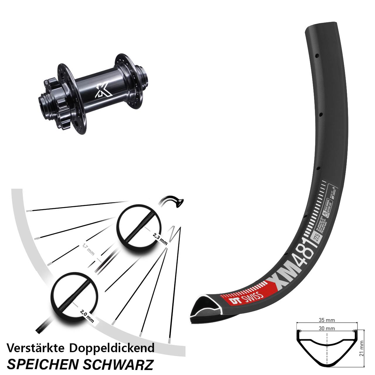 Vorderrad 6-Loch 27,5 Zoll DT Swiss XM481 KX-M 15x100