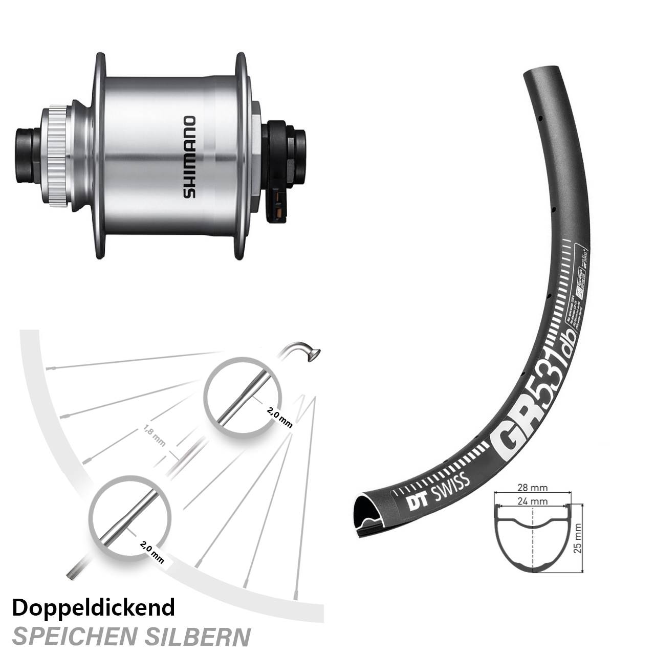 27,5 Zoll Nabendynamolaufrad DT Swiss GR 531 Disc Shimano DH-UR705