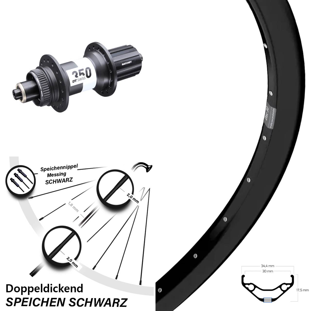 Hinterrad 29 Zoll Ryde Disc 30 DT Swiss 350 Centerlock 8-11 fach QR