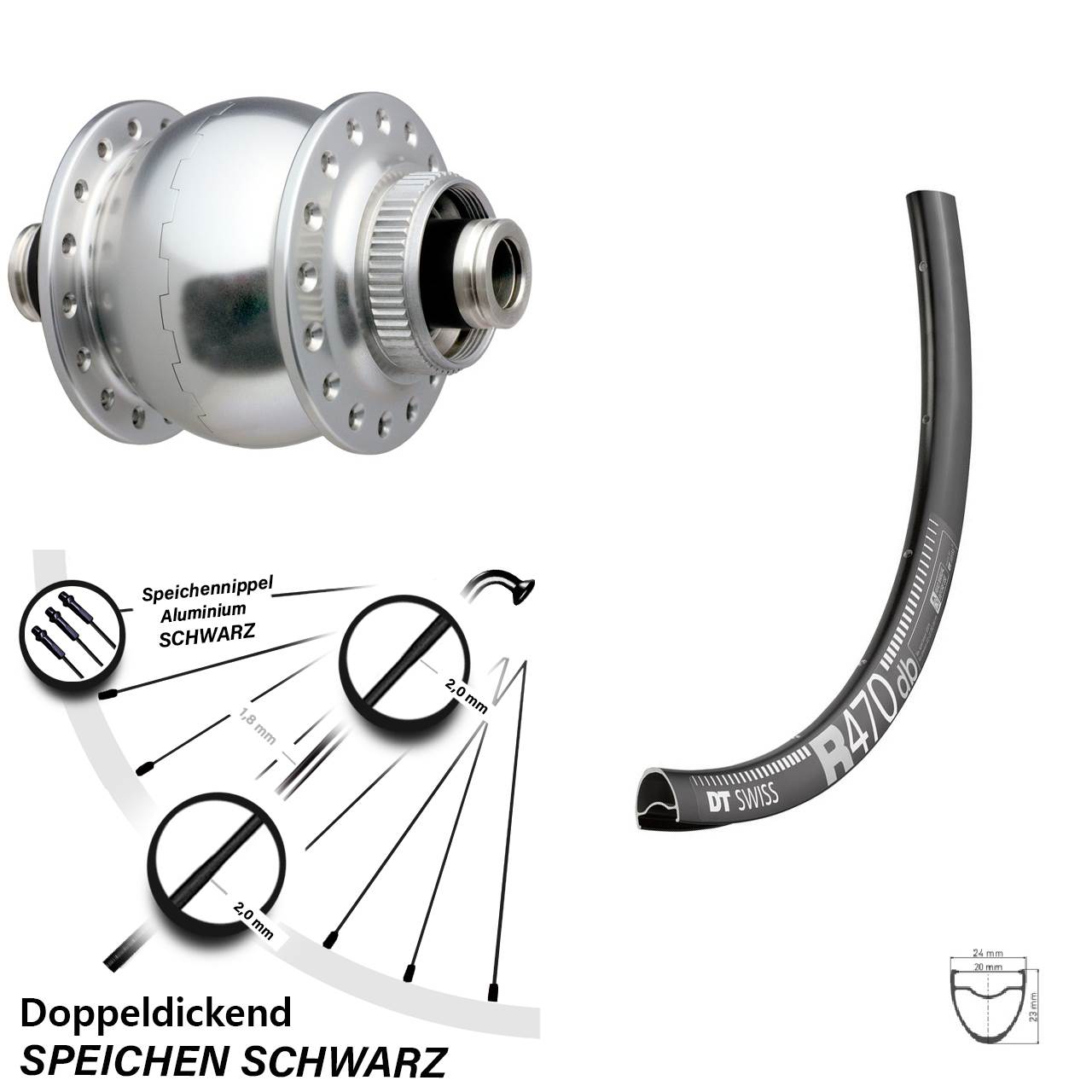28 Zoll DT Swiss R 470 mit Nabendynamo SON delux 12 Disc Centerlock
