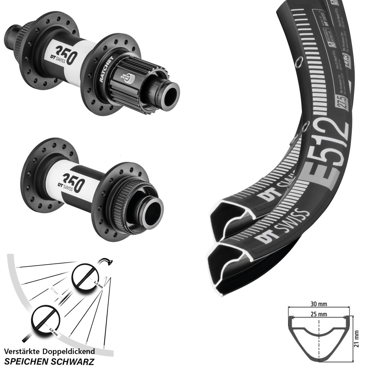27,5 Zoll DT Swiss E512-350 Ratchet 36 Laufradsatz 15x110 12x148 Shimano Micro Spline