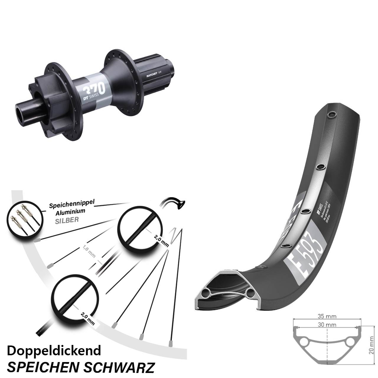 27,5 Zoll DT Swiss E593 Hinterrad 370 6-Loch 8-11 fach 12x148