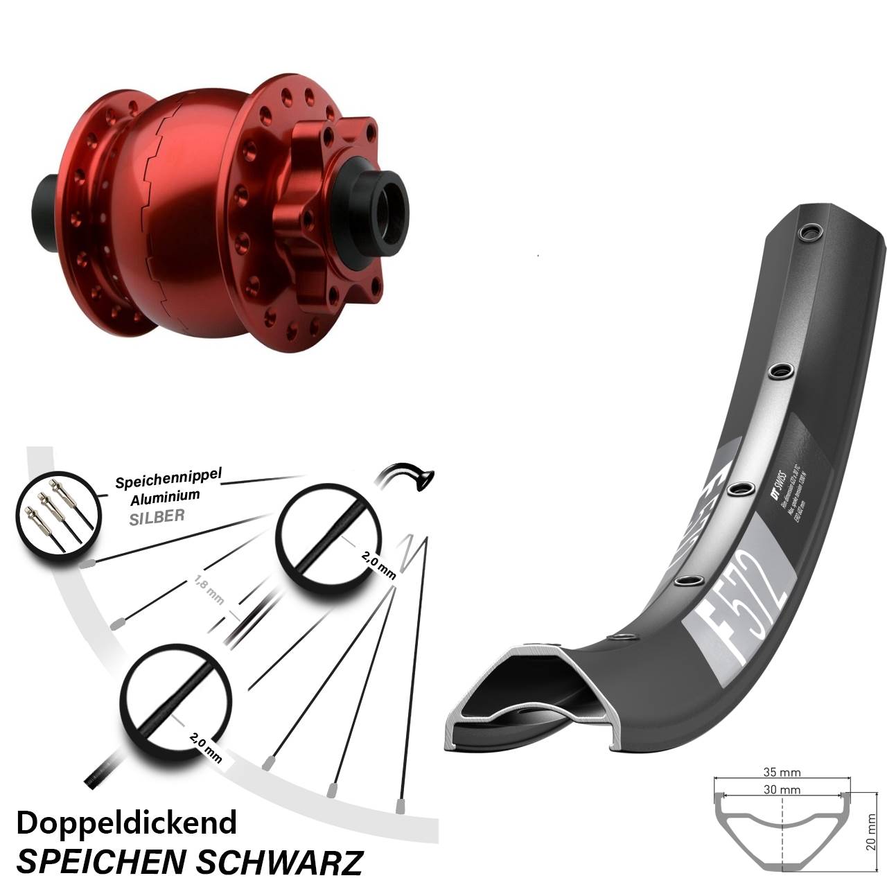 Nabendynamovorderrad 6-Loch 15x100 27,5 Zoll DT Swiss F 572 SON 28 rot