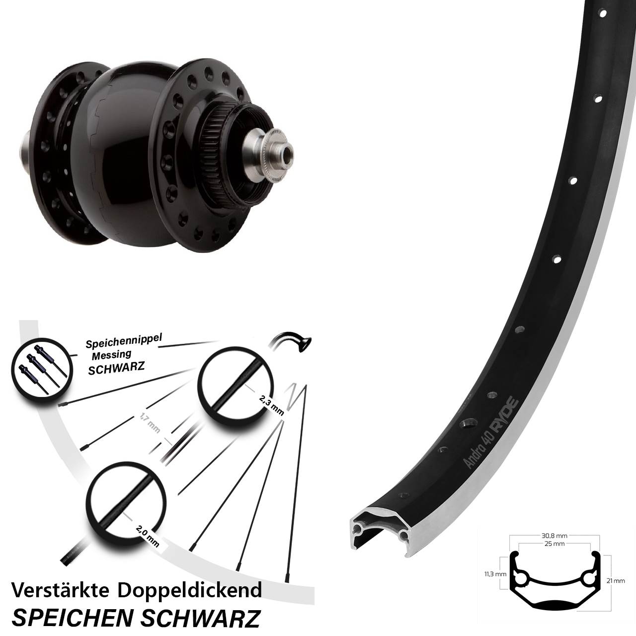 Vorderrad Heavy Duty Ryde Andra 40 CNC SON 28 Zoll schwarz