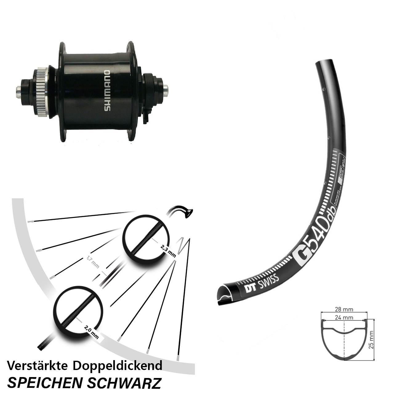 Vorderrad 28 Zoll DT Swiss G 540 Gravel Dynamo Shimano DH-UR700-3D für Schnellspanner