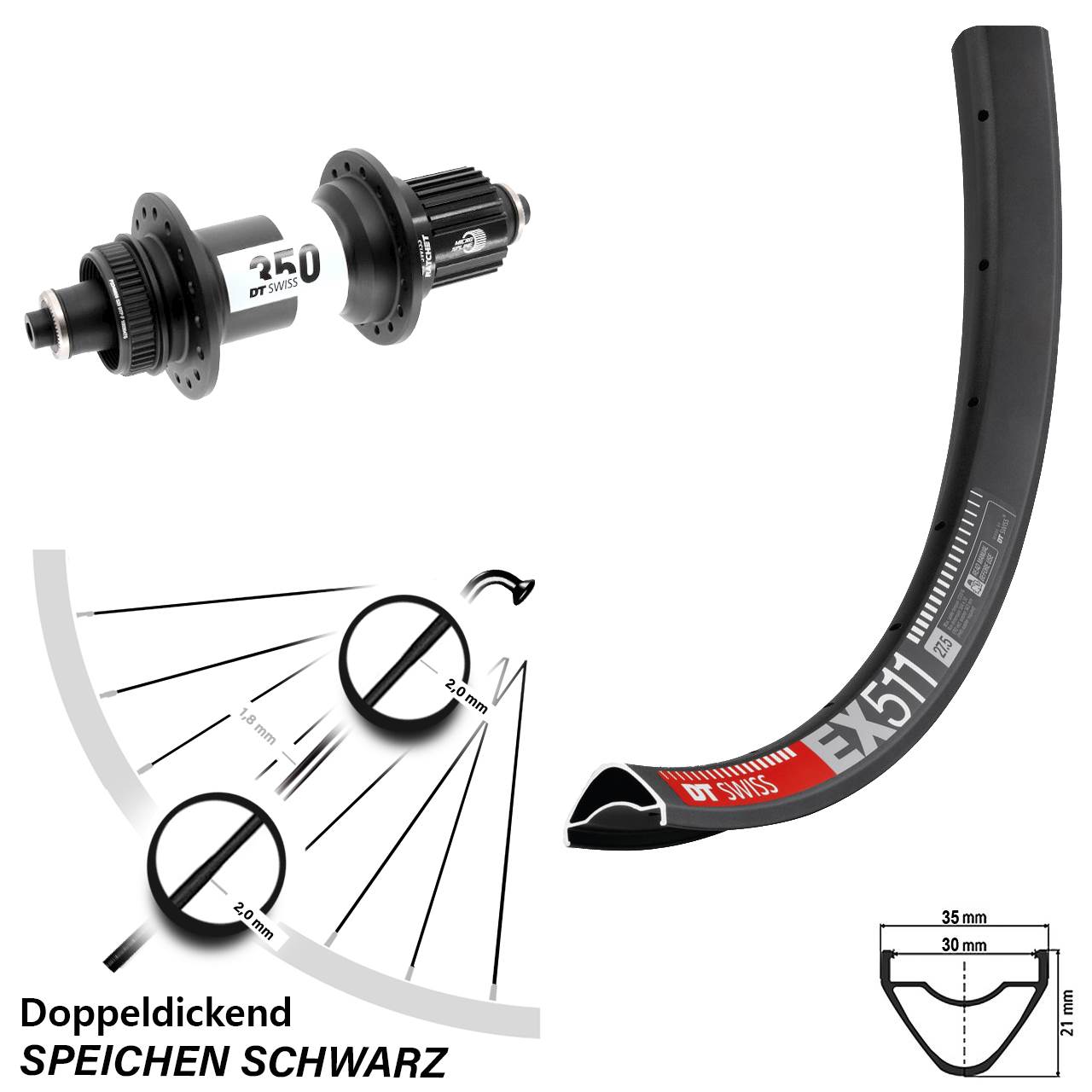 Disc Laufrad 27,5 Zoll DT Swiss EX 511-350 Micro Spline QR Boost