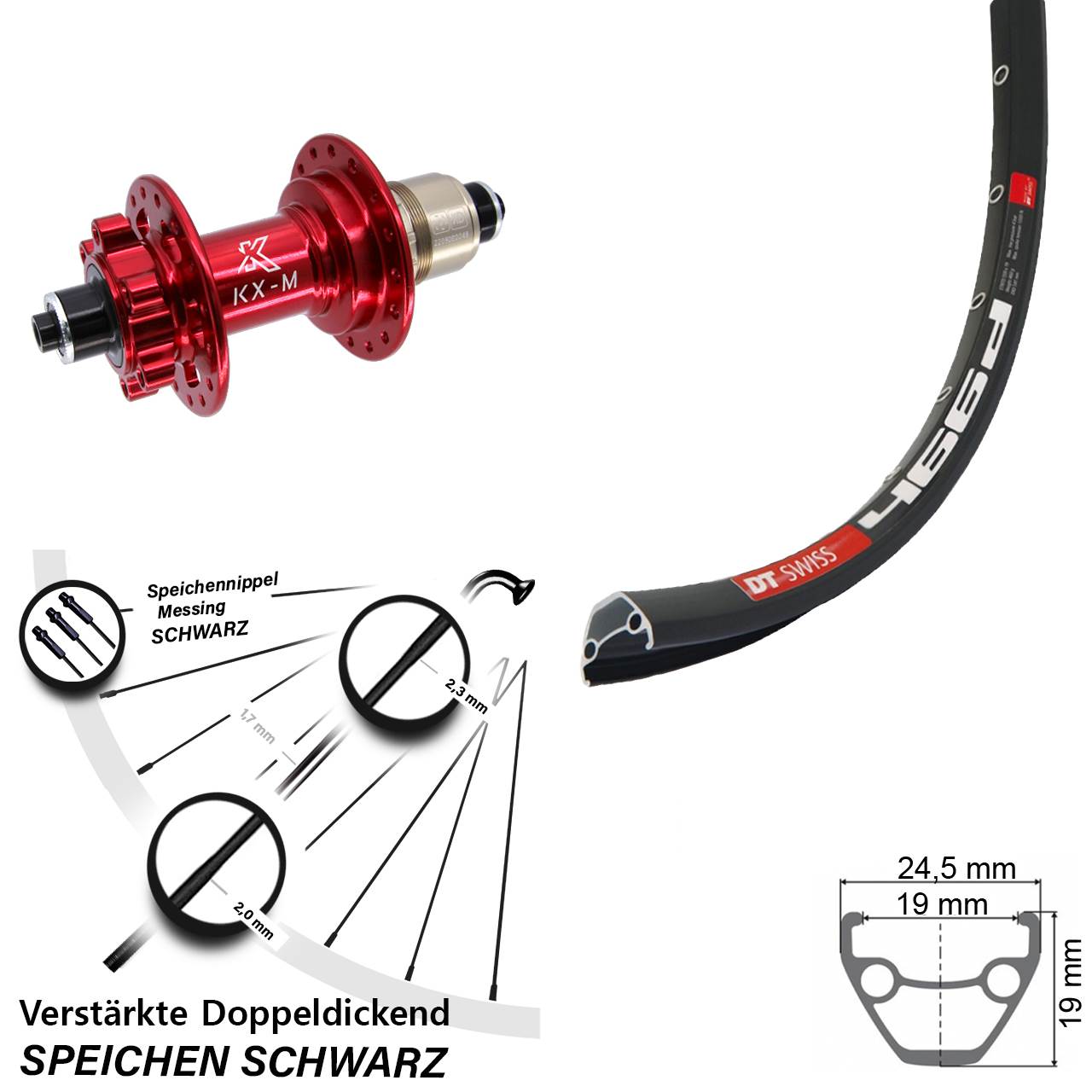 DT Swiss 466d KX-M rot 28-29 Zoll Hinterrad 6-Loch QR SRAM XD