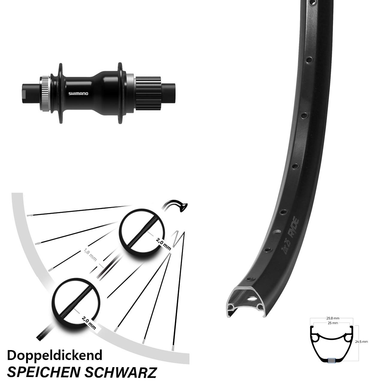 28-29 Zoll Ryde ZAC 25 Shimano FH-TC500 Boost Boost Disc Laufrad 12x148 Boost Micro Spline