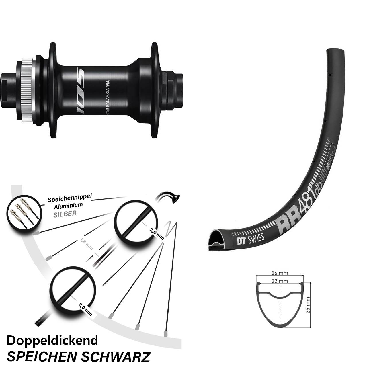 Shimano 105 HB-R7070 DT Swiss RR 481 DB Vorderrad 28 Zoll Steckachse 12x100 mm