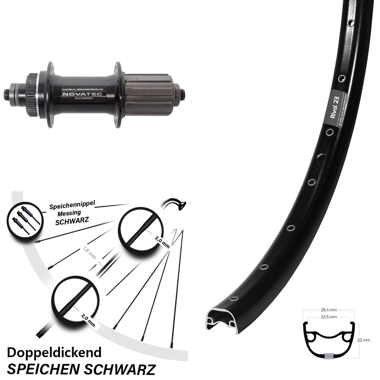 Disc Hinterrad 27,5 Zoll Ryde Rival 23 Novatec D472 8-12 fach HG für Schnellspanner