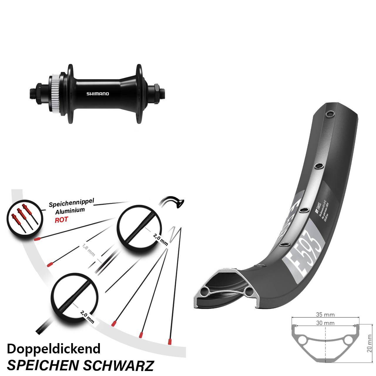 Vorderrad Centerlock für Schnellspanner 29 Zoll DT Swiss E 593 Shimano HB-QC400